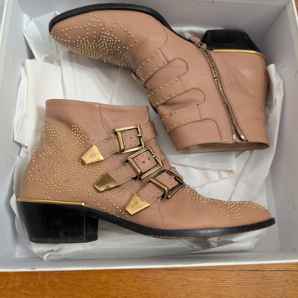 Chloe Tan Ankle Boots with Gold Accents